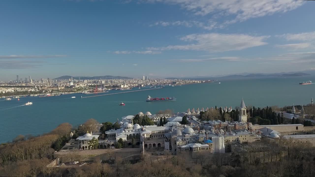 Majestic Istanbul, Turkey. Drone Aerial View of Topkapi Royal Palace and Bosporus Strait Waterfront