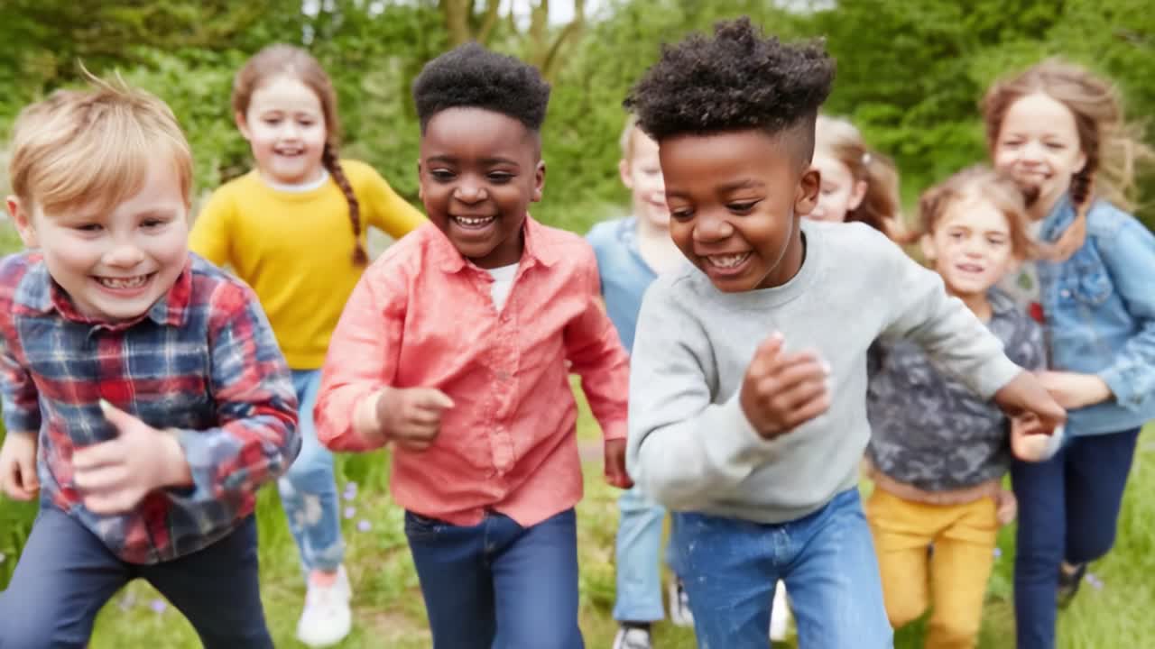 A Joyful Group of Children Running Through a Lush Green Field, Laughing and Playing Together in a Delightful Outdoor Adventure