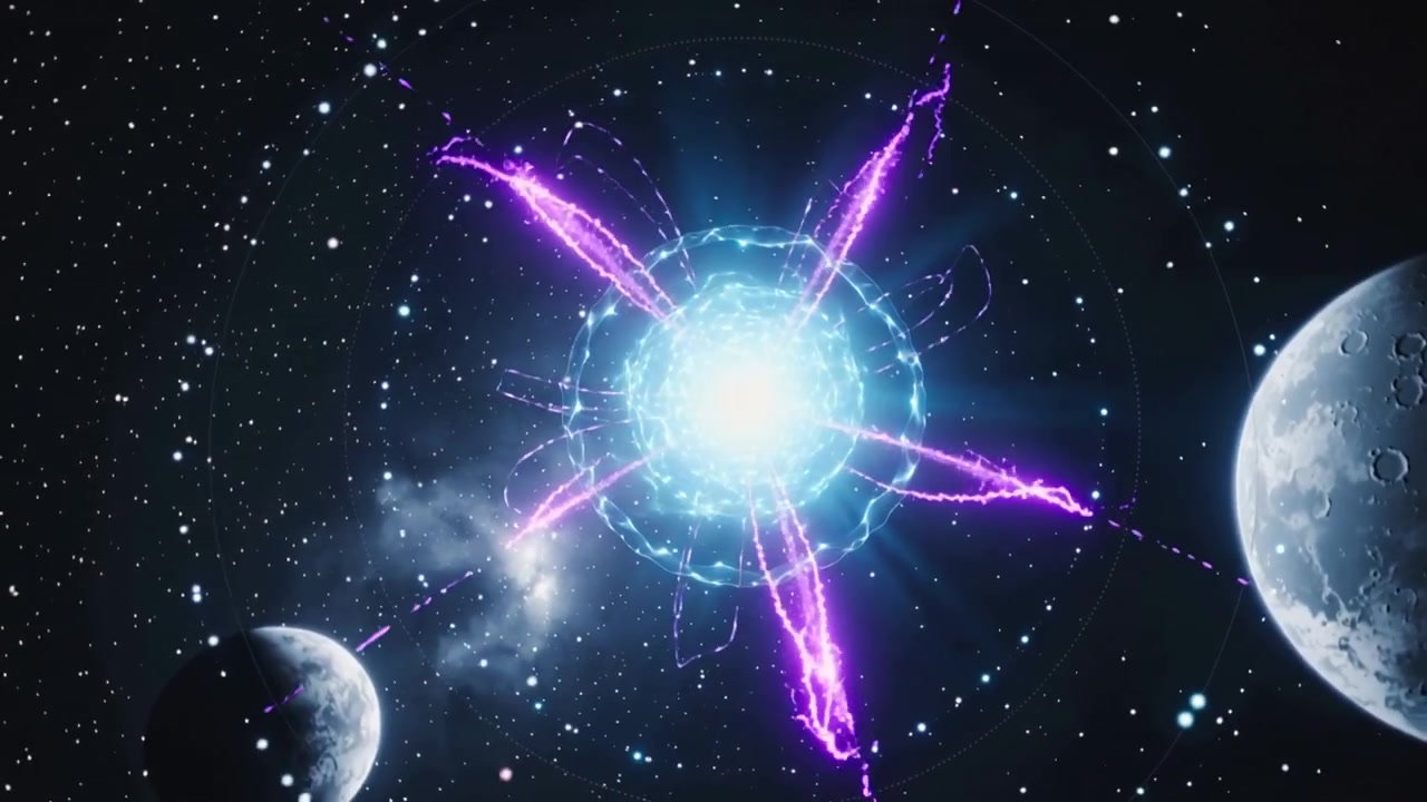 Pulsing orb being encircled by segmented ring sending magenta tendrils in deep space, moons moving