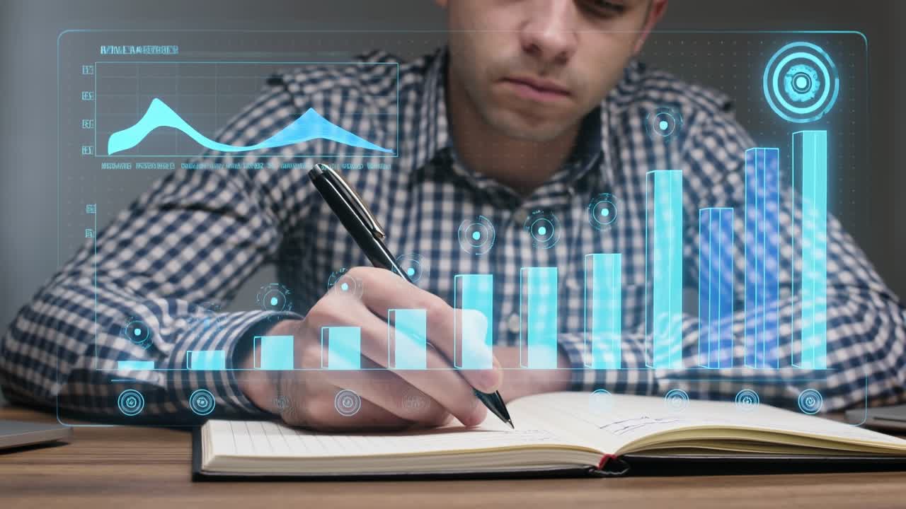 Giovane uomo che prende appunti con un'animazione di interfaccia digitale olografica, per un concetto di istruzione e tecnologia.