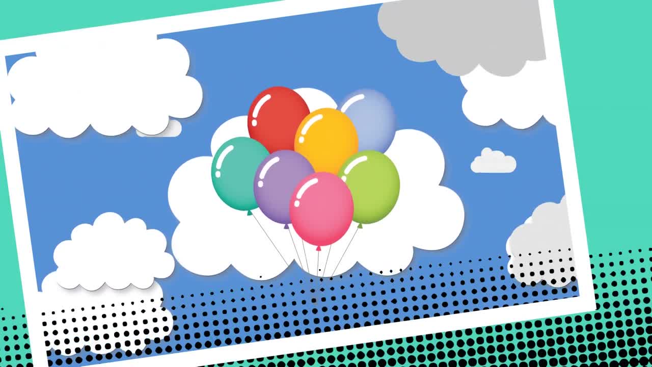 푸른 하늘에 있는 풍선들의  ⁇ 어리가 초록색 배경에 있는 사각형 프레임에 있습니다.