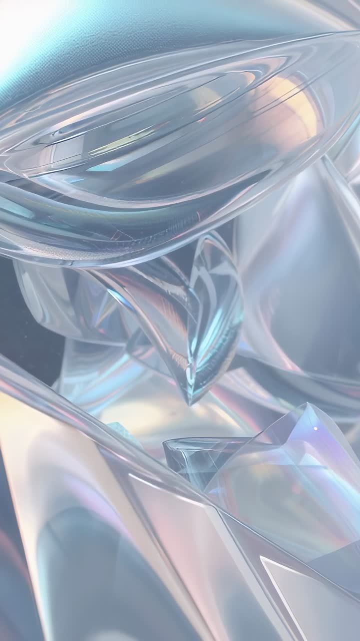 Vertical video: Pulling camera revealing glass faceted mass in studio, with center facet for study