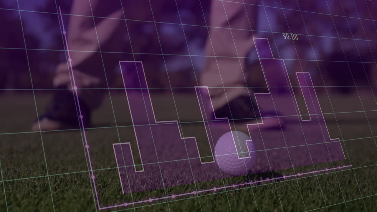 animación de estadísticas y procesamiento de datos sobre las piernas de un jugador de golf con un club de golf y una pelota