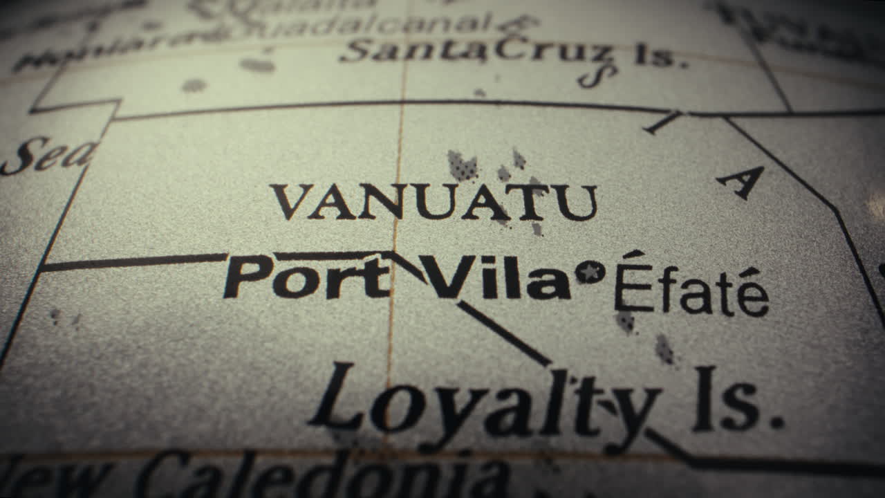 Close-up view of a vintage world map highlighting Vanuatu and surrounding areas