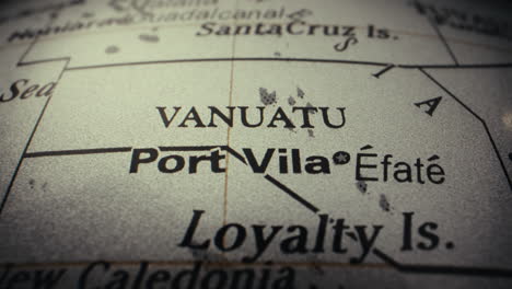 close-up view of a vintage world map highlighting vanuatu and surrounding areas
