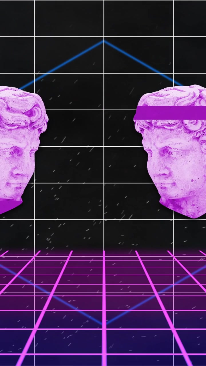 Animation of leaves and head of male statues moving on grid pattern against abstract background
