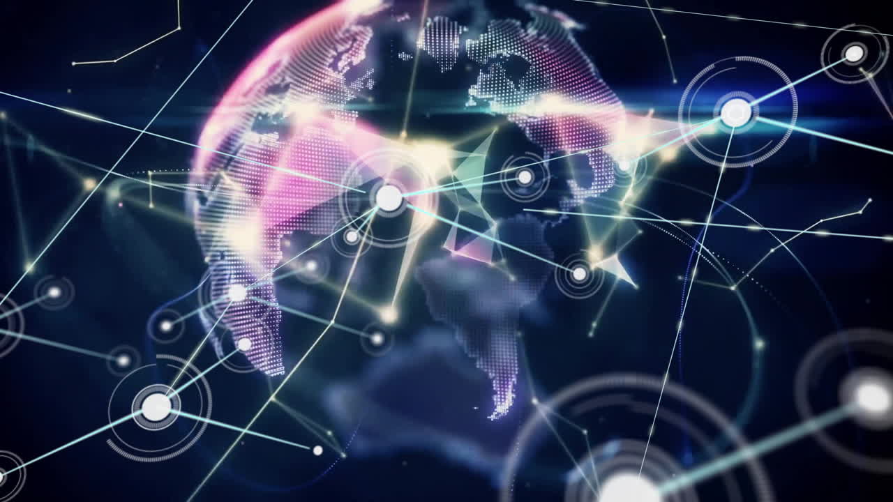 Global network connections and data transfer animation over digital globe