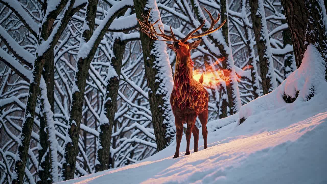 Fiery Deer in a Snowy Forest