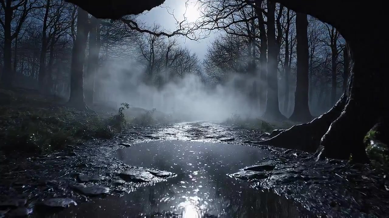 Uhyggelig månebelyst sti gennem en mørk, tåget gammel skov