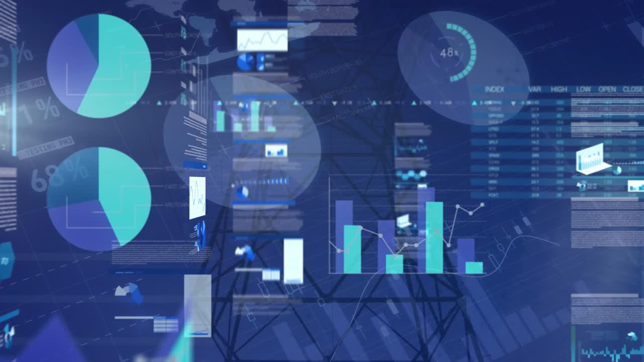 The video shows a pylon with a digital interface superimposed on it