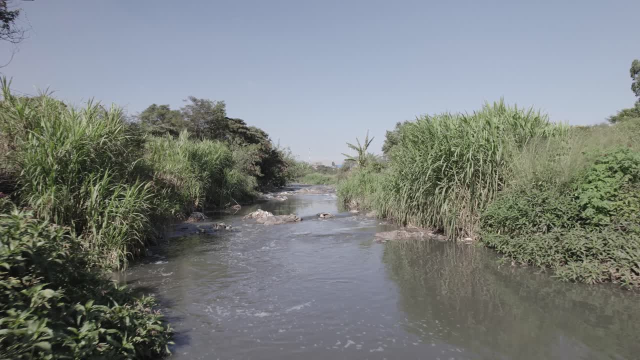 Low flying Drone shot of a dirty Nairobi river In Kenya
