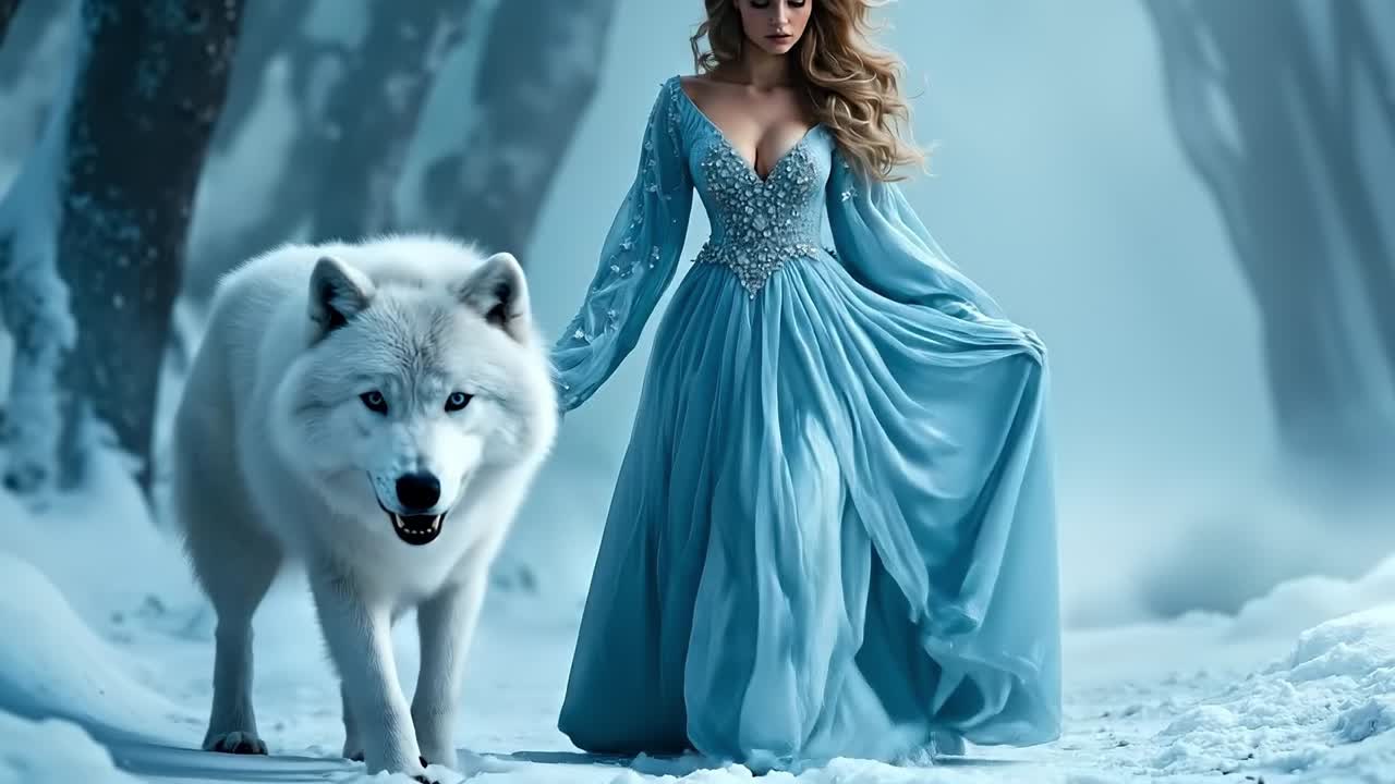 A woman in a blue dress walking with a white wolf in the snow