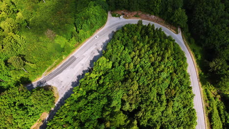 approaching highway crossing the green forests. few cars ride by the road in the mountainous area. top view.