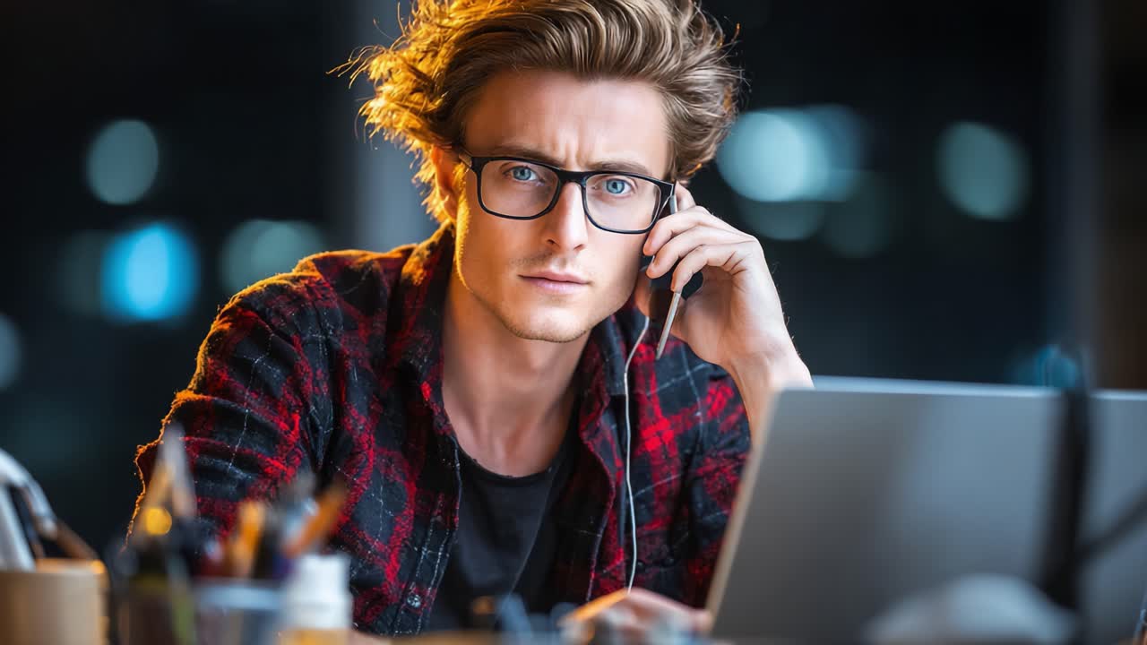 Focused young man wearing glasses and a headset, engaged in a serious conversation while sitting at a desk with a laptop in a dimly lit room, capturing a moment of concentration