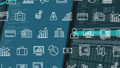 animation of financial data processing and rows of business icons over dark background