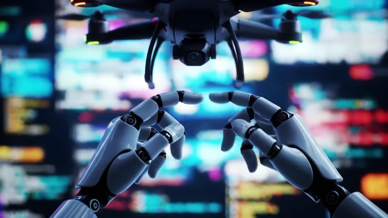 A Futuristic Interaction Between a Robotic Hand and a Drone, Symbolizing the Convergence of AI and Robotics in Modern Technology and Innovation