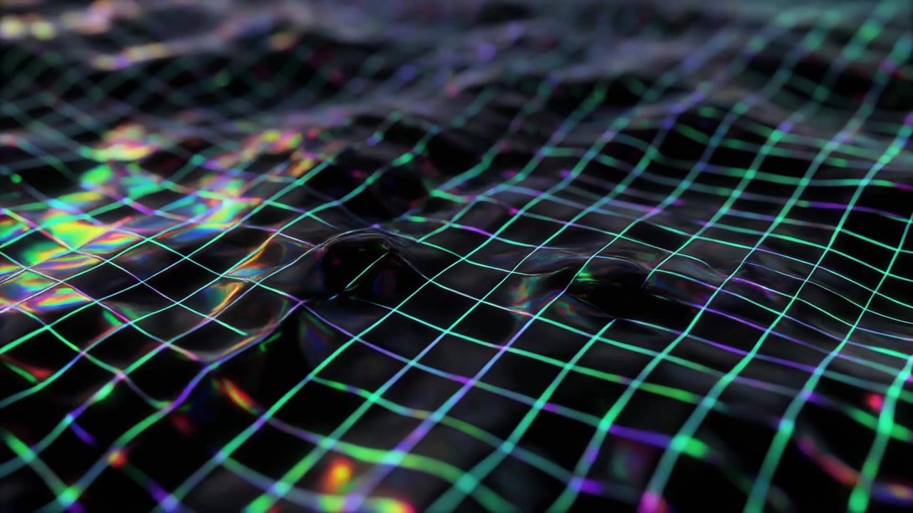Superficie a griglia digitale astratta con movimento ondulatorio iridescente
