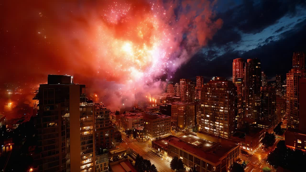 A breathtaking and dynamic spectacle of vivid explosions and colorful fireworks brightening the dark urban skyline, creating a stunning visual experience against a dramatic night sky