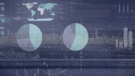 animation of financial data processing over cityscape