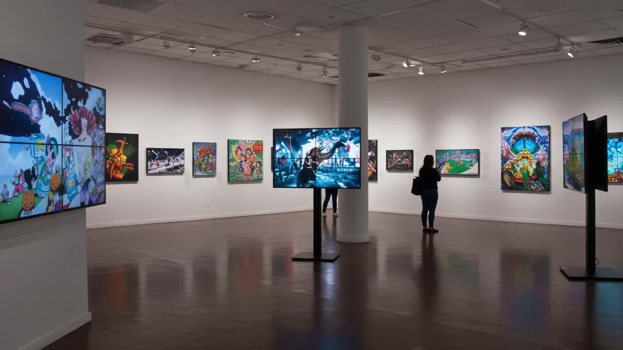 Exploring the Vibrant Exhibition: Visitors Immersed in Contemporary Art Displayed on Digital Screens and Colorful Canvases in a Modern Gallery Space
