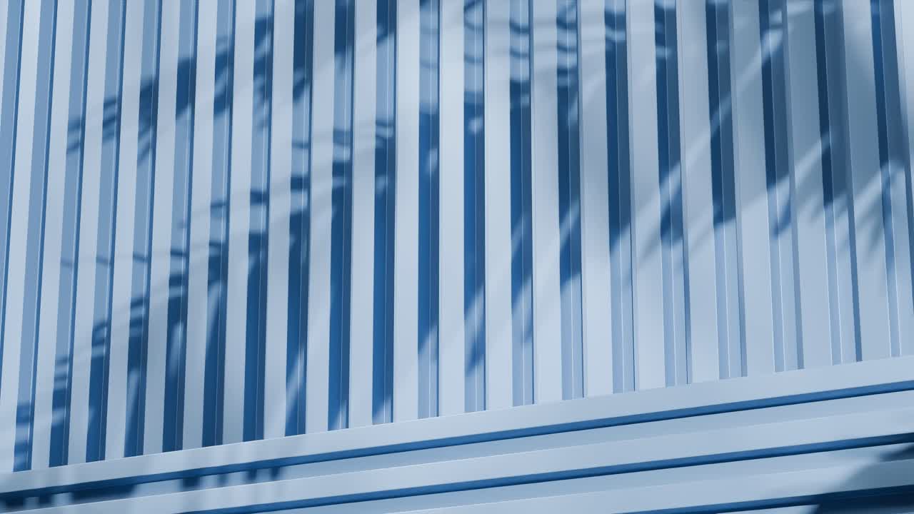 blue metal panels with shadows of tropical leaves. Abstract architectural detail. Close-up photography with copy space for design and print
