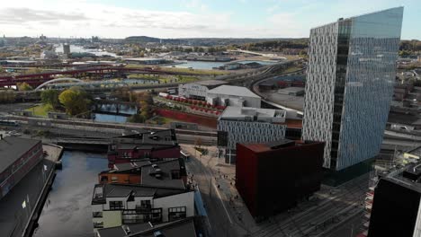 Beautiful-cityscape-in-Gamlestaden-in-Gothenburg,-aerial-orbit-view