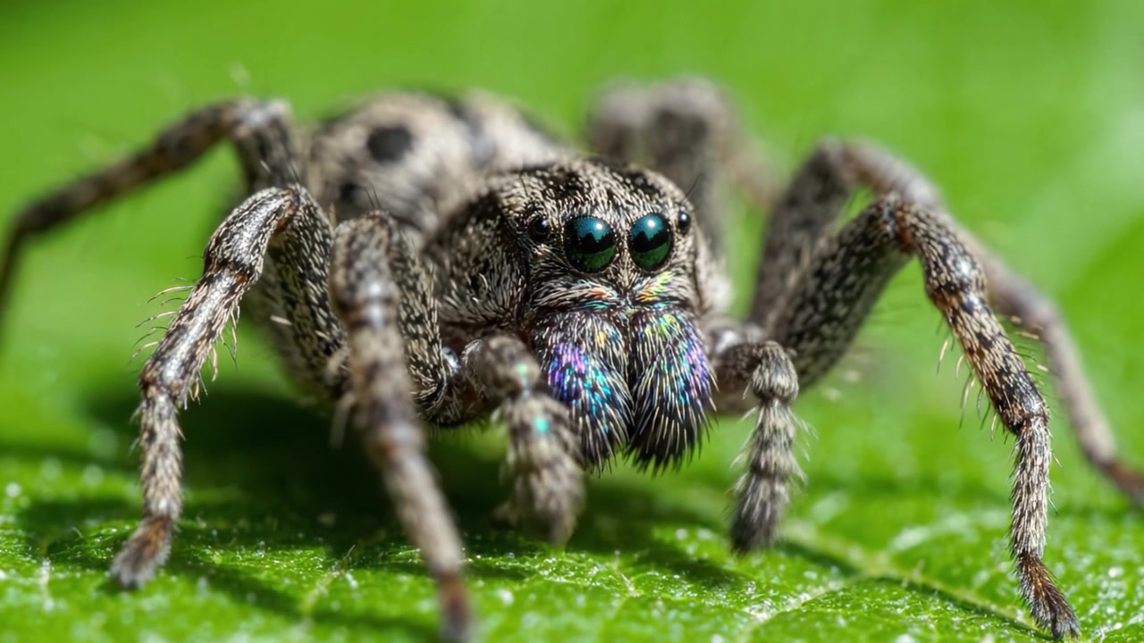 Nahaufnahme einer bunten Spinne in ihrem natürlichen Lebensraum: Faszinierende Details und lebendige Texturen auf einem Blatt unter natürlichem Licht.