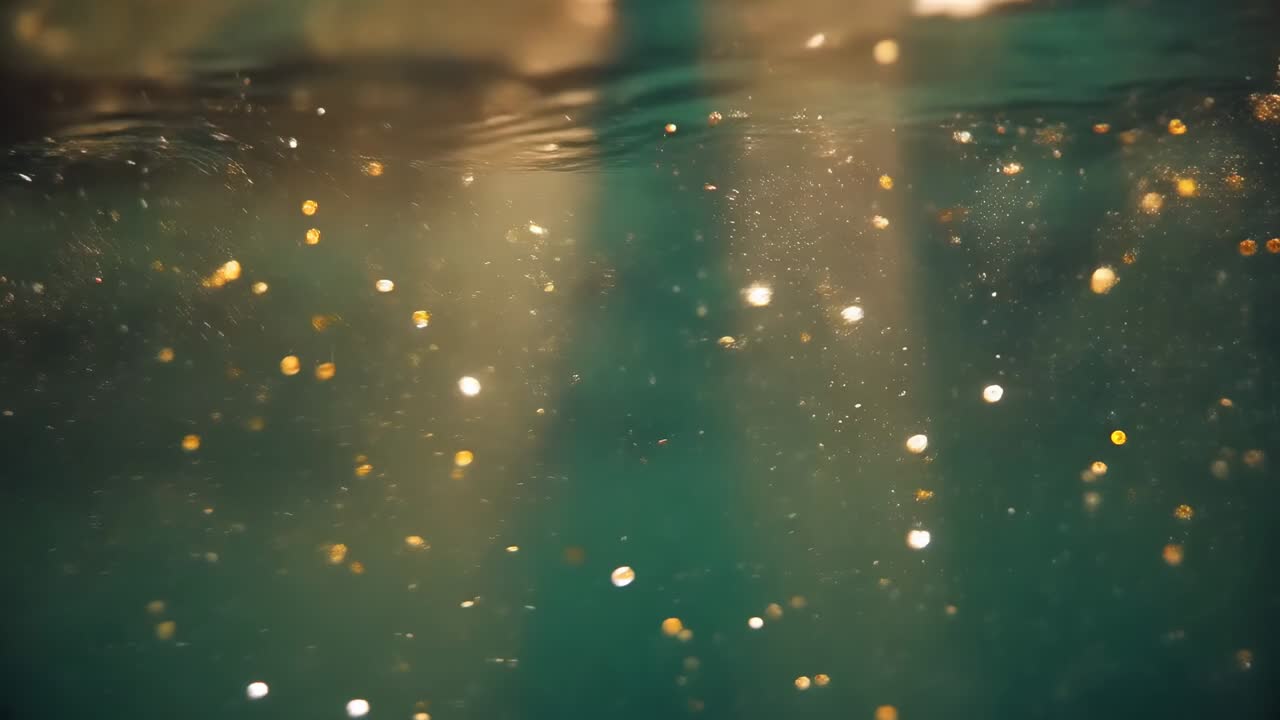 Drifting golden particle cloud shifting with sunlight and ripples just below surface, with bubbles