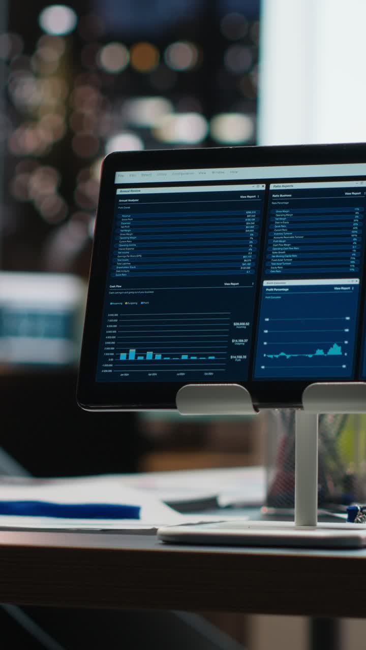 Vertical Video Empty space in a multinational company showcases data insights late at night