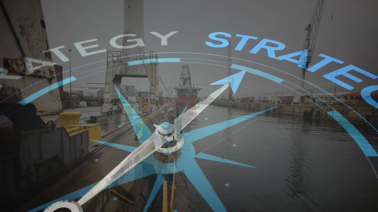 Animation of compass with strategy tex over shipyard