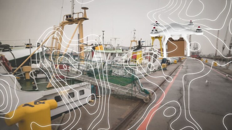 Animation of white lines and digital drone over ships in port