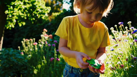 young child playing with a toy frog in a sunny garden