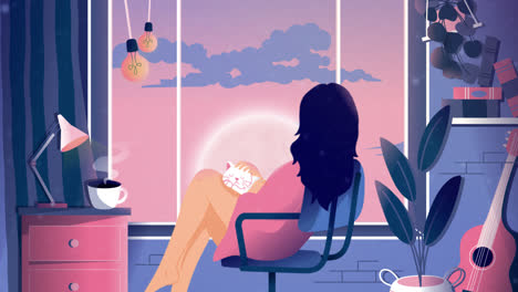 woman relaxing by the window at sunrise/sunset