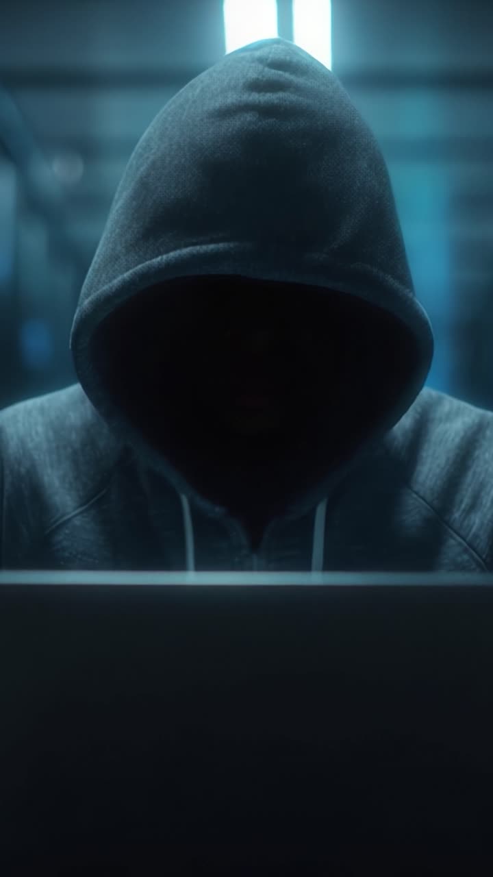 Una figura misteriosa con una felpa con cappuccio assorta in un laptop, che fonde ombre e tecnologia in un'ambientazione enigmatica di intrigo digitale.