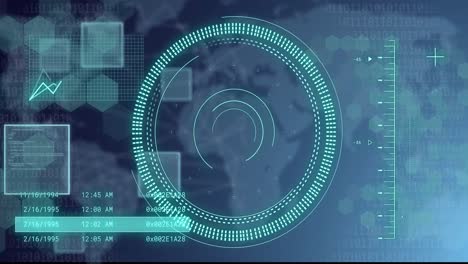 Animation-of-rotating-scope-with-data-processing-over-map-of-world