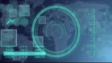 animación de alcance giratorio con procesamiento de datos sobre el mapa del mundo