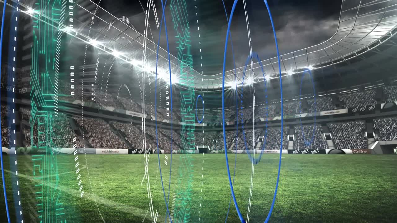 Digital animation of multiple round scanners spinning against sports stadium in background