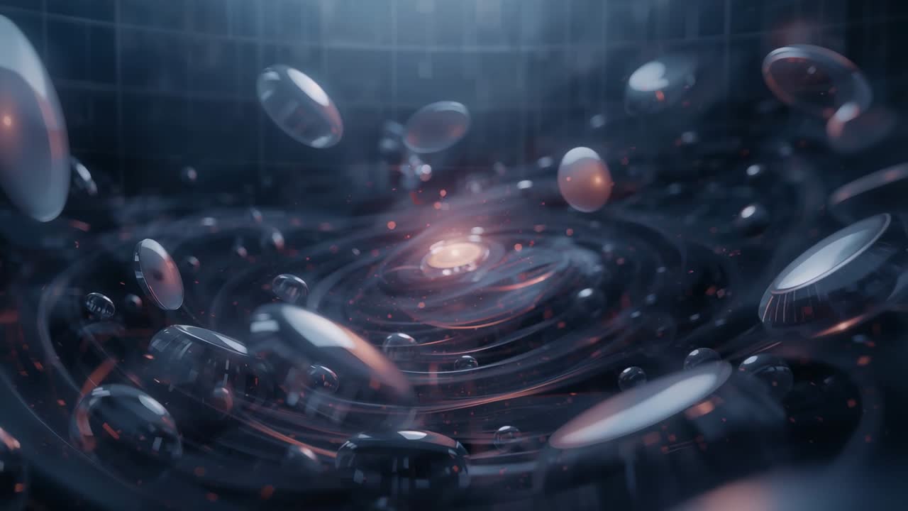 Nucleo pulsante incandescente che spinge dischi e goccioline verso l'interno in una camera curva piastrellata, formando increspature