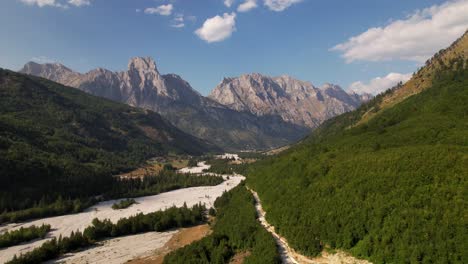 Guesthouse-on-beautiful-valley-of-Valbone-in-northern-Albania,-surrounded-by-green-forest-and-high-mountains