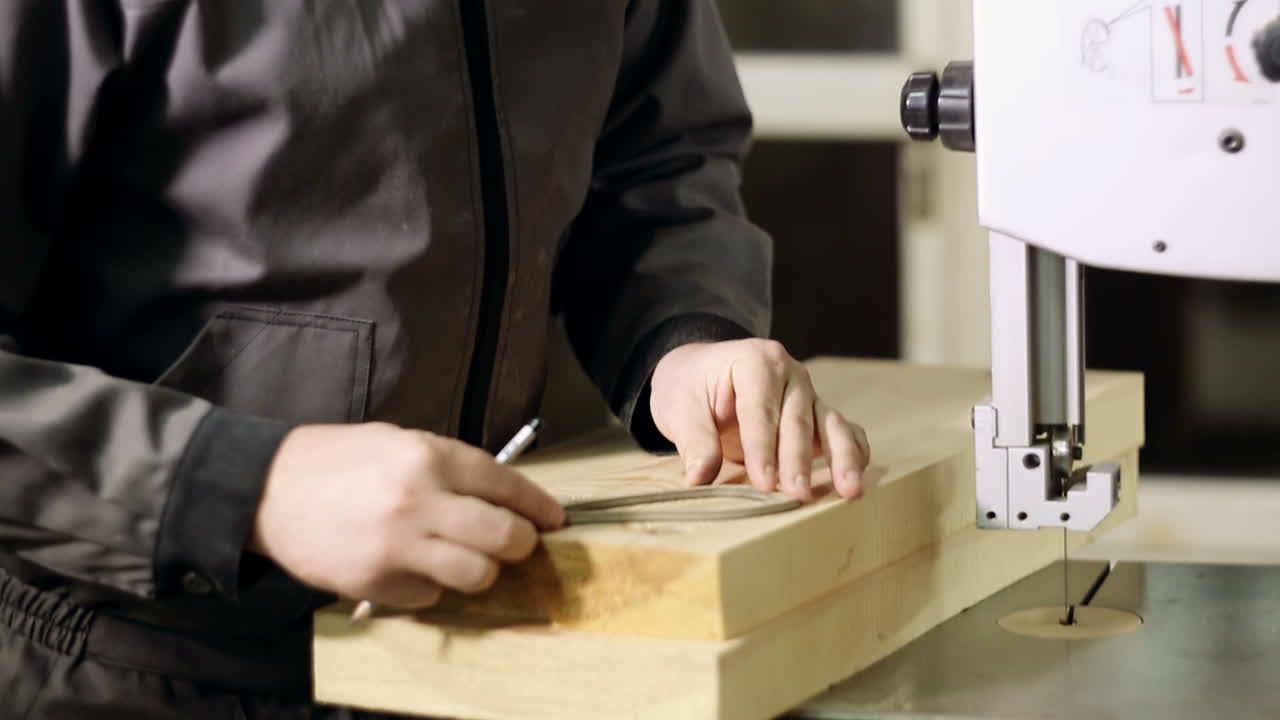 Sawing A Wooden Plank With Jig Saw. Man uses an electric saw to cut wooden planks