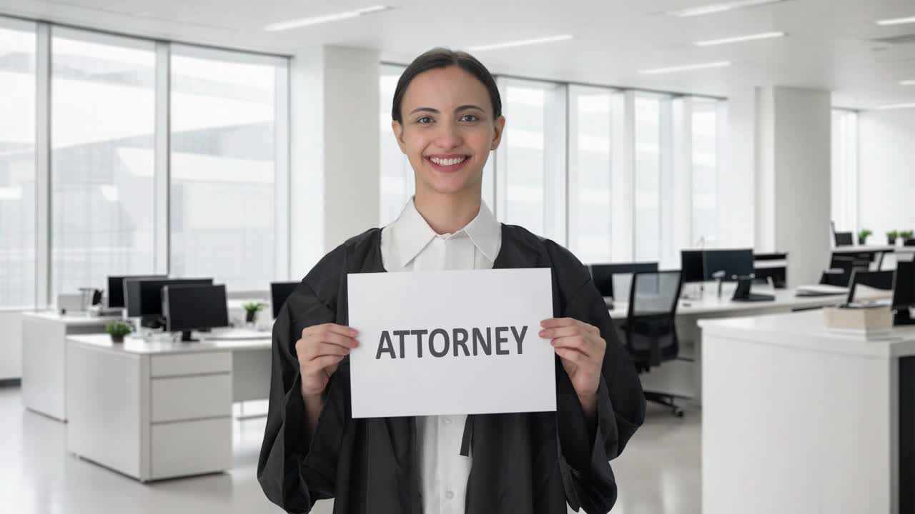 Happy Indian female lawyer holding ATTORNEY banner