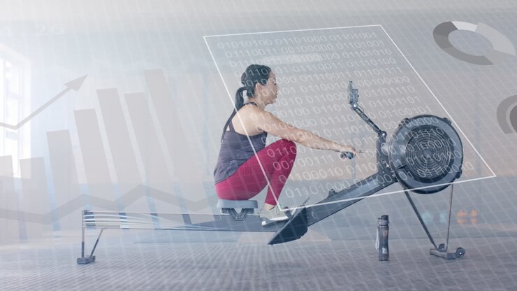 Animation of interface processing data over caucasian woman training on rowing machine at gym