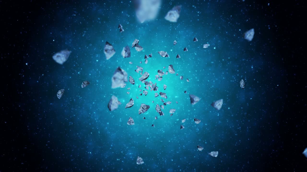 Flying many asteroids in deep space background. Broken splash explosion. The starry sky. 3D animation of meteorites rotating. Loop animation.