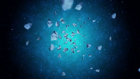 volando muchos asteroides en el fondo del espacio profundo. explosión de salpicaduras rotas. el cielo estrellado. animación 3d de meteoritos girando. animación de bucle.