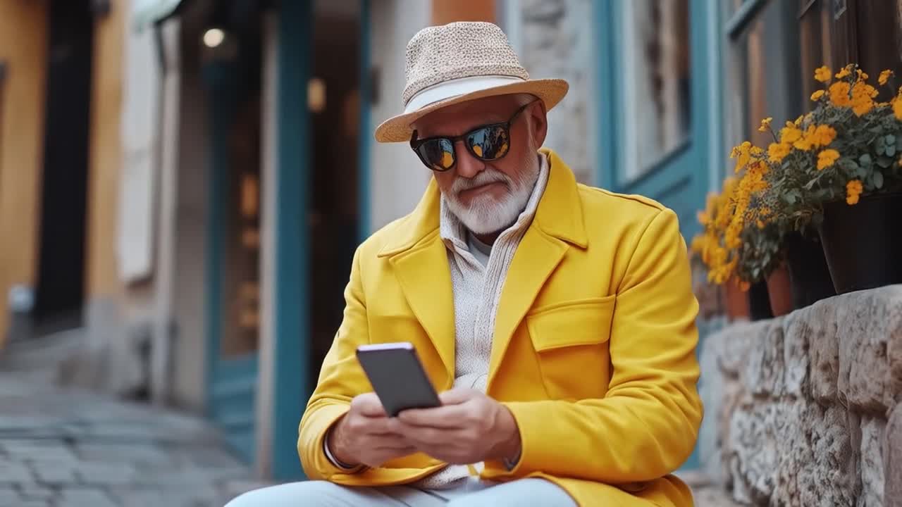 Man in yellow coat using phone on the street