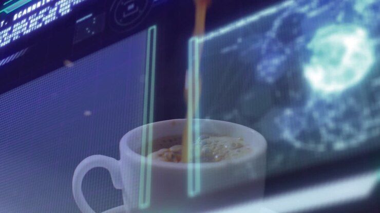 Tazza di caffè in ceramica bianca che viene riempita con una bevanda calda in un laboratorio futuristico, mostrando schermi olografici.