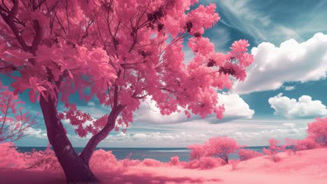 infrared photography of a beautiful landscape with pink colored trees and vegetation, turquoise sky and white clouds on the horizon with the sea