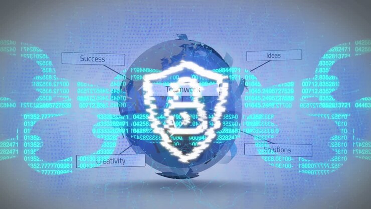 Animation of padlock in shield, blockchain over texts around globe over abstract background