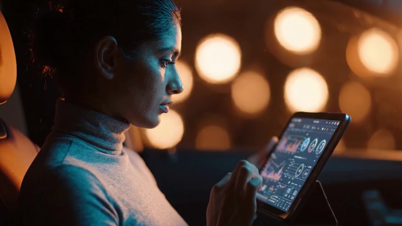 Woman Analyzing Data on Tablet Inside Car with Blurry Lights in Background: A Scene of Technology and Focus in a Modern Environment