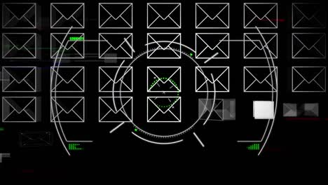 animación de los iconos de correo electrónico de los sobres, escaneo del alcance y procesamiento de datos